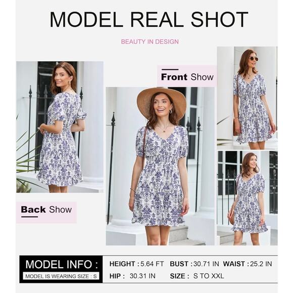 Women Lantern Sleeve Mini Dress Elastic Waist A-Line Blue Baroque Print Size L - Picture 3 of 7